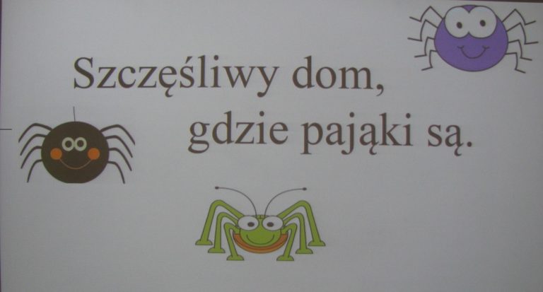 Na zdjęciu napis "Szczęśliwy dom, gdzie pająki są" z trzema rysunkami pająków.